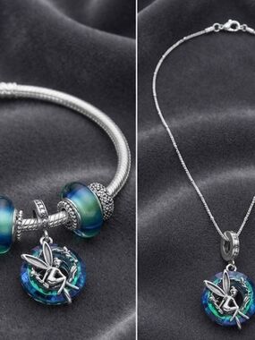 Silver Fairy Charm Bracelet in Blue-Green Glass Beads